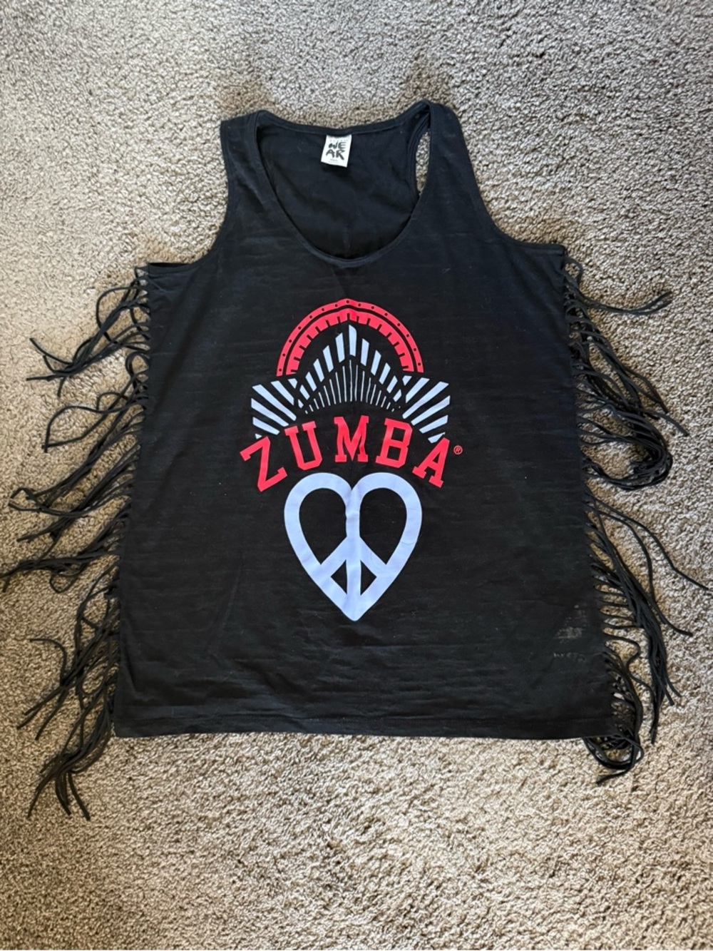 Zumba Fitness Black Sides Fringe Tank Top with Red and Light Blue Graphic